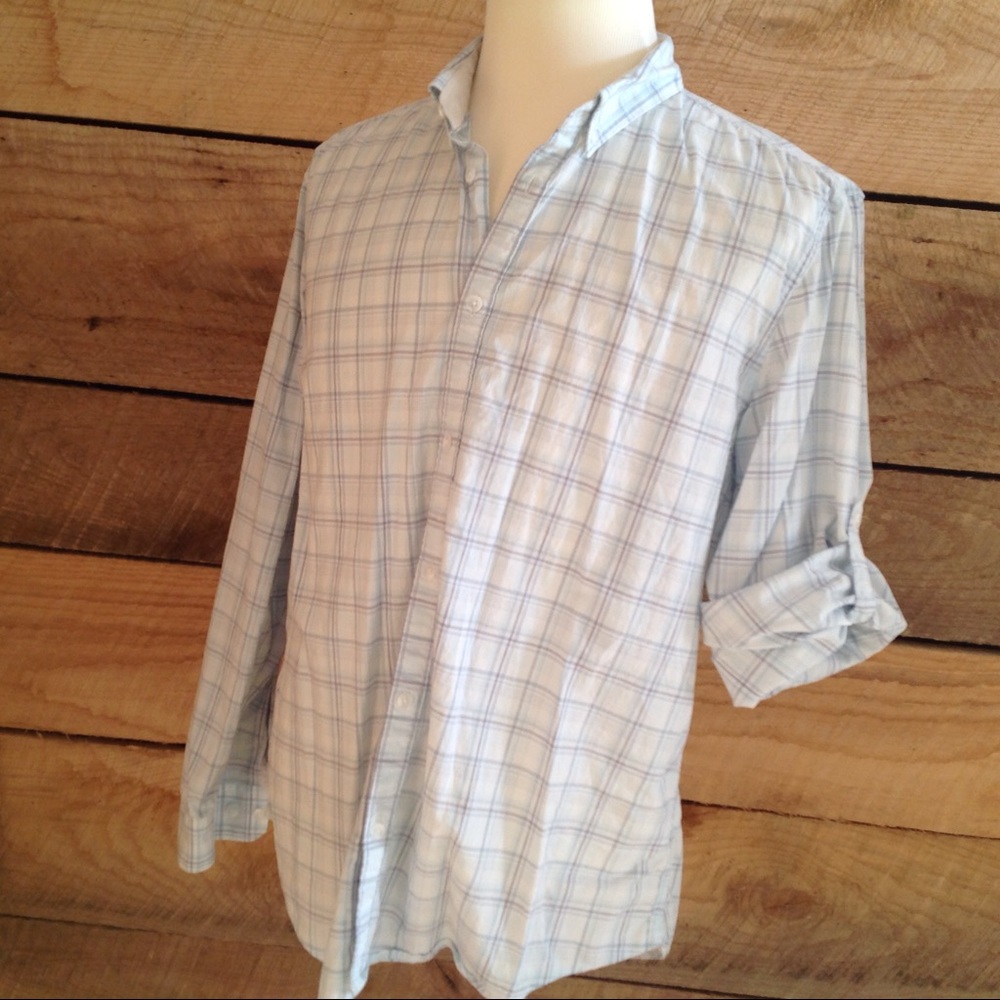 Calvin Klein Men Shirt XL Blue Plaid Roll Sleeve